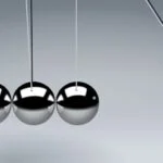 Five silver balls hanging next to each other, bumping the fifth one forward.