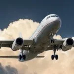 Airplane flying up into blue skies with clouds in the background.
