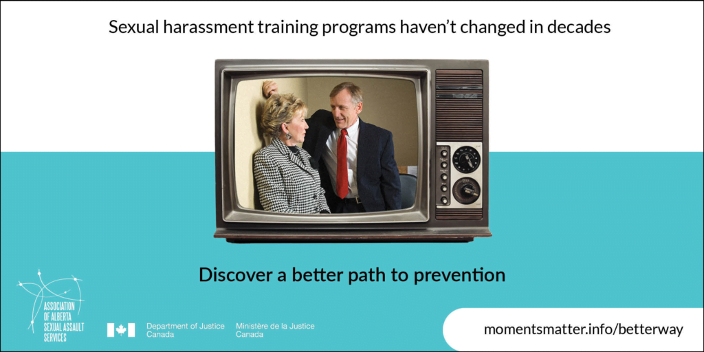 Graphic showing an old TV with a scene of a male leering over a woman in an office environment. The text above and below the TV says: "Sexual harassment training programs haven't changed in decades. Discover a better path to prevention."