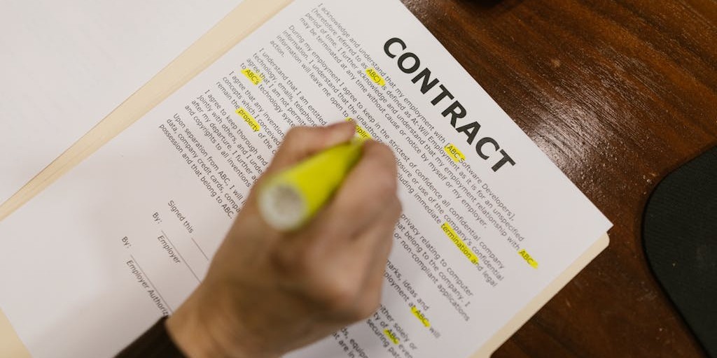 Hand highlighting document labelled contract