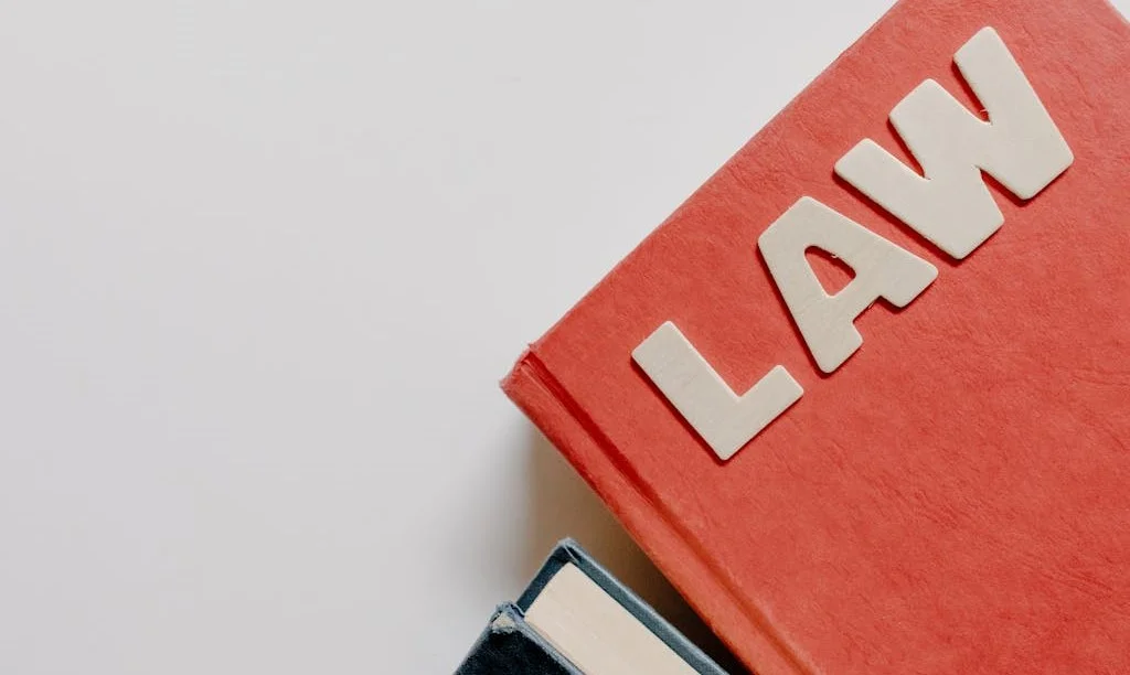 Half of red book with the word "LAW" o it, against a white background